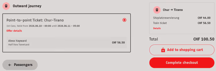 Screenshot des Ticketpreises mit Half-Fare-Rabatt