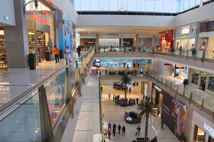 Interior of Dubai Mall with palm trees and shops