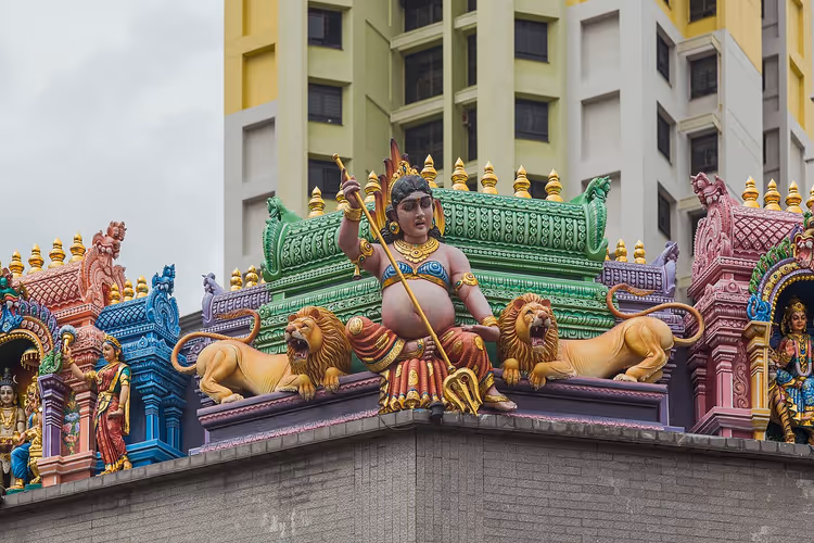 Bright sculptures on the roof of Sri Veeramakaliamman Temple