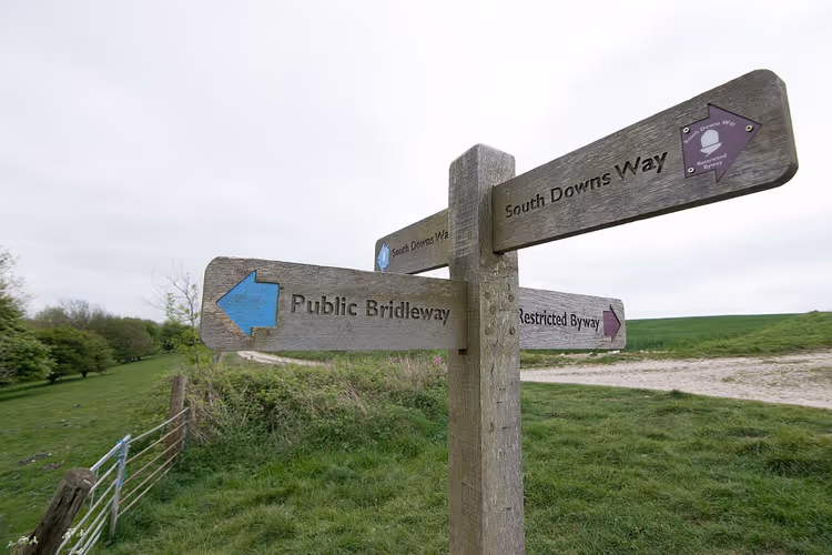 Указатель South Downs Way среди зелёных холмов