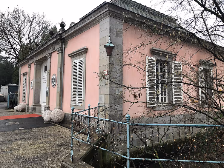 Kışın gri taşlı Benrath Sarayı'nın pembe kanadı