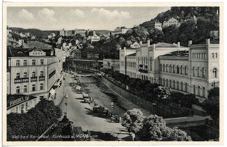 Teplá-rivier in het centrum van Karlovy Vary, vintage ansichtkaart