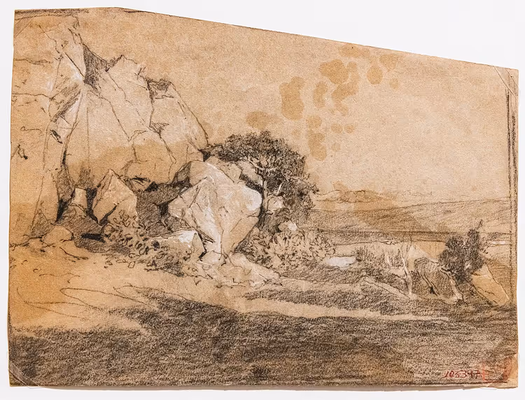 Tegning av berglandskap med tre og slette