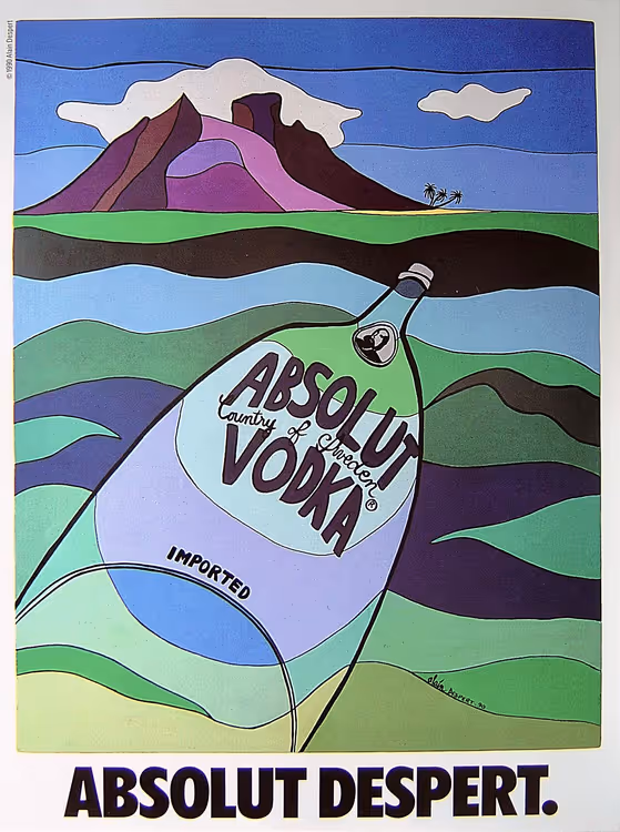 Absolut Despert-plakat med en flaske og landskap