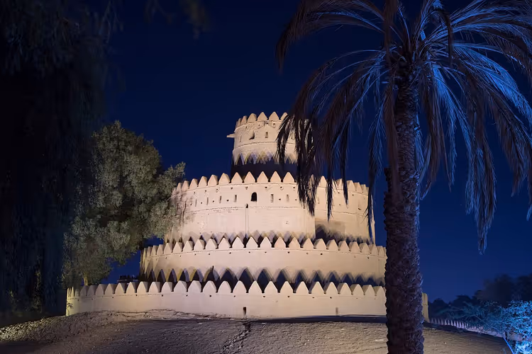 Al Jahili fort om natten med et palmetre