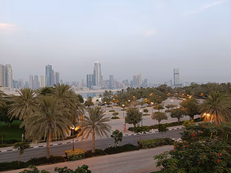 Arka planda Dubai silüetiyle palmiye parkı
