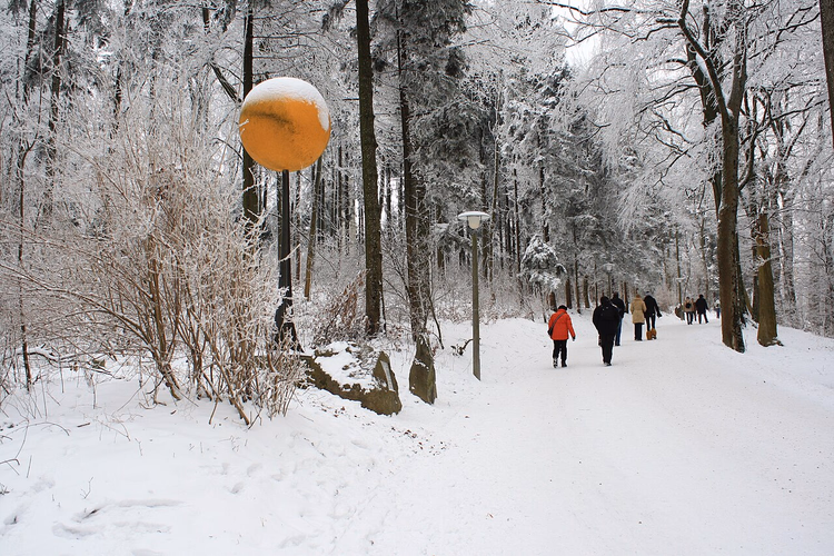 Uetliberg'de karla kaplı patikanın üzerindeki güneş küresi