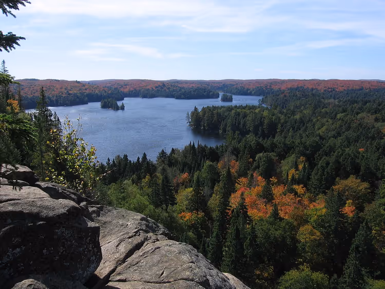 Vista de outono de um miradouro sobre um lago no Parque Algonquin