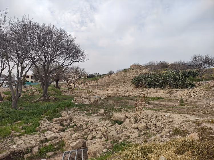 Ruinen einer antiken Stadt zwischen trockenem Gras und Bäumen