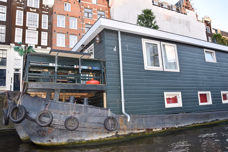 Grünes Hausboot auf einer Gracht in Amsterdam