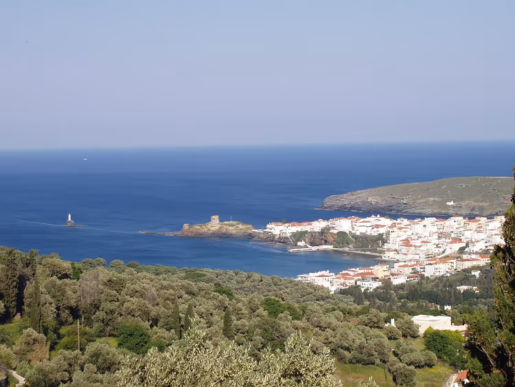 Panorama van de kuststad Andros met witte huizen