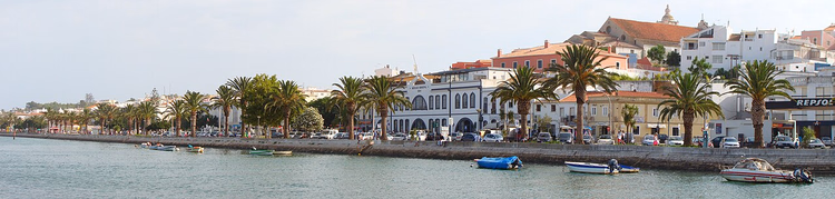 Uferpromenade von Lagos mit Palmen und Booten