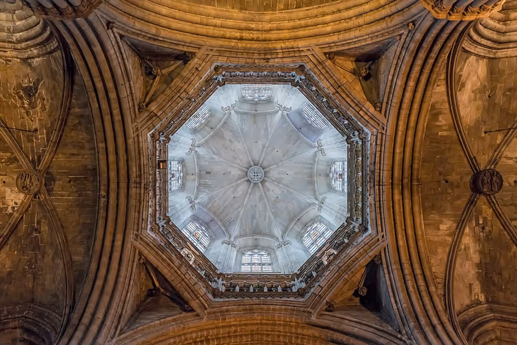 Gotische koepel van de kathedraal van binnenuit, omhoogkijkend