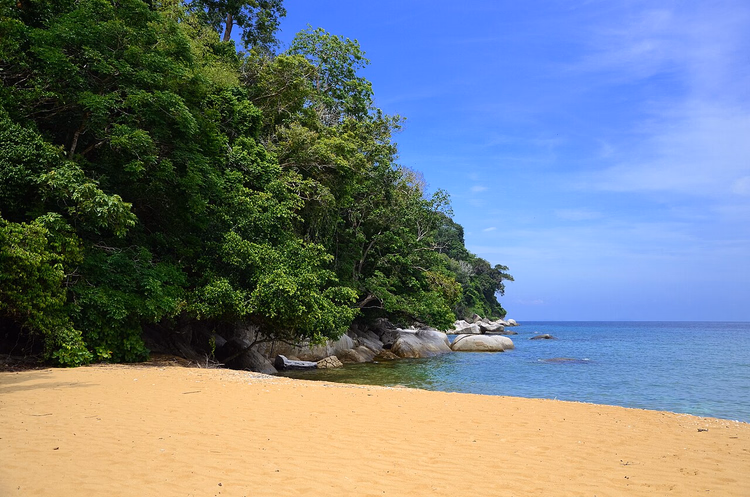 Spiaggia di sabbia e giungla dell'isola di Tioman