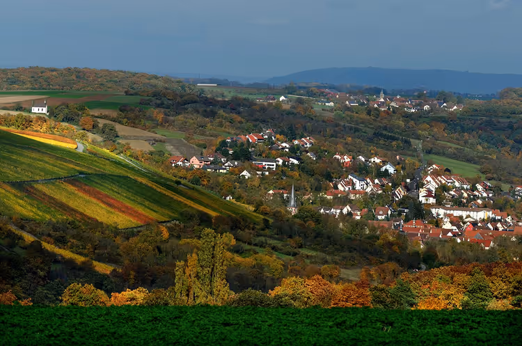 Vadideki bağlar ve tepelerle çevrili küçük bir kasabanın panoraması