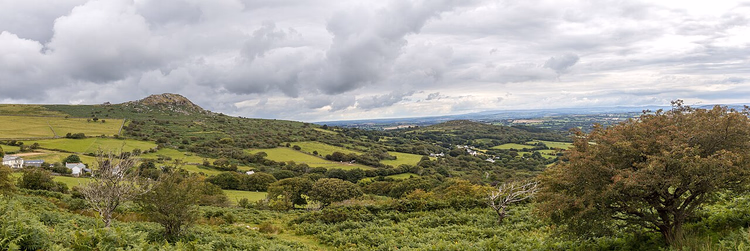 Panorama von Bodmin Moor mit Hügeln und Feldern