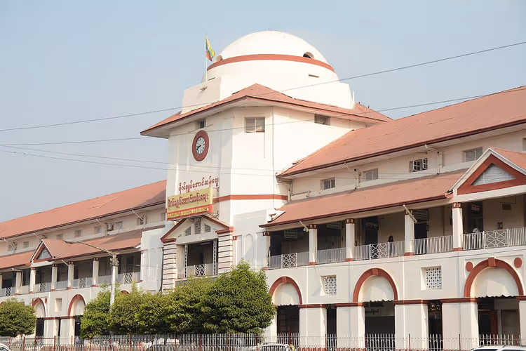 Bogyoke Aung San Market facade with tower and clock