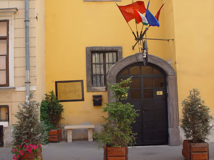 Gele gevel met een boogdeur, vlaggen en planten