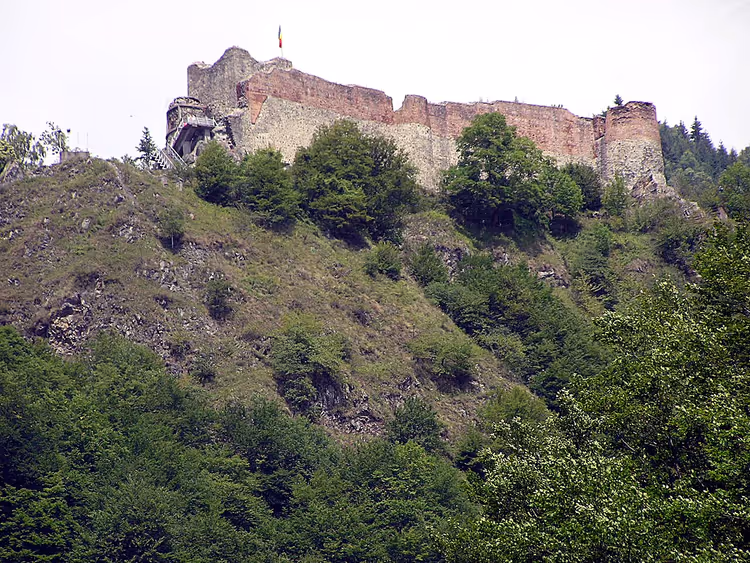 Poenari festning ruiner på en skogkledd ås