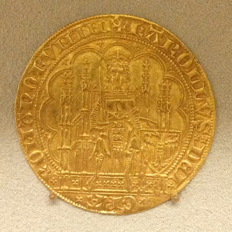 Gullmynt av typen écu fra Karl IV, advers