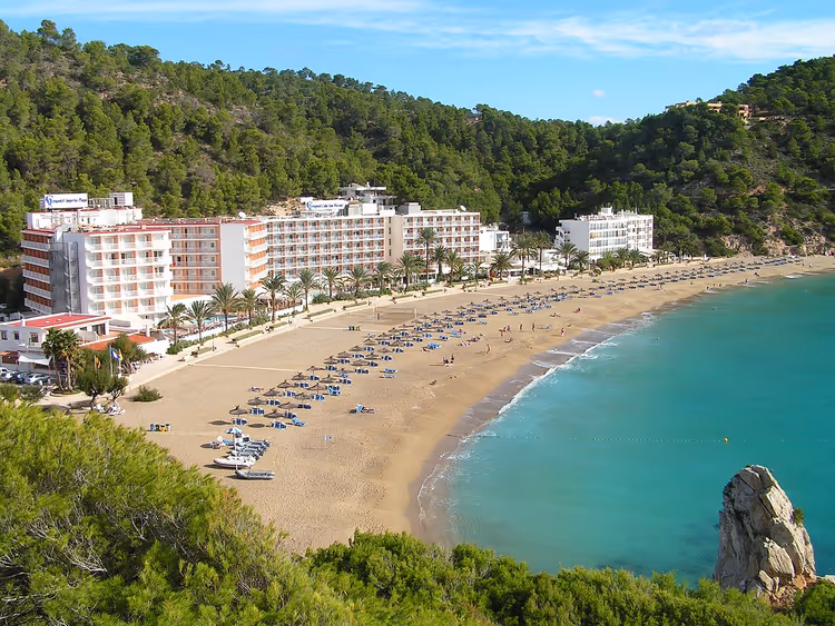 Oteller ve çam ağaçlarıyla Cala de Sant Vicent plajı