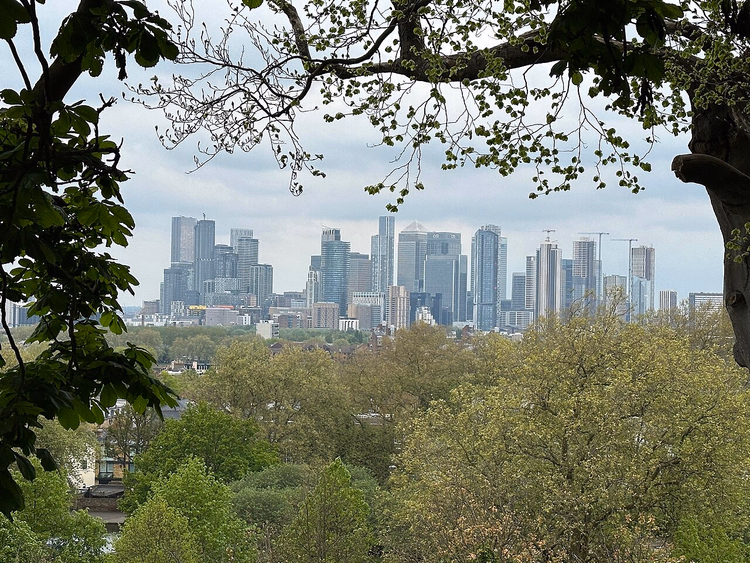 Vue depuis Greenwich Park vers les gratte-ciel de Canary Wharf