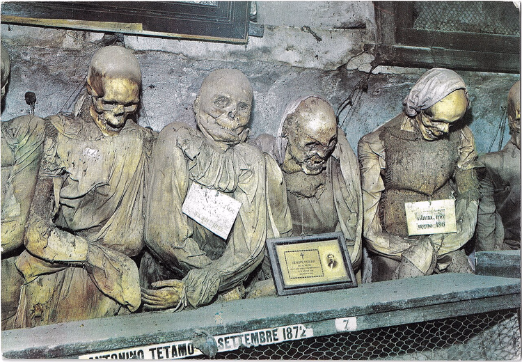 Geklede mummies van mannen in een catacombennis
