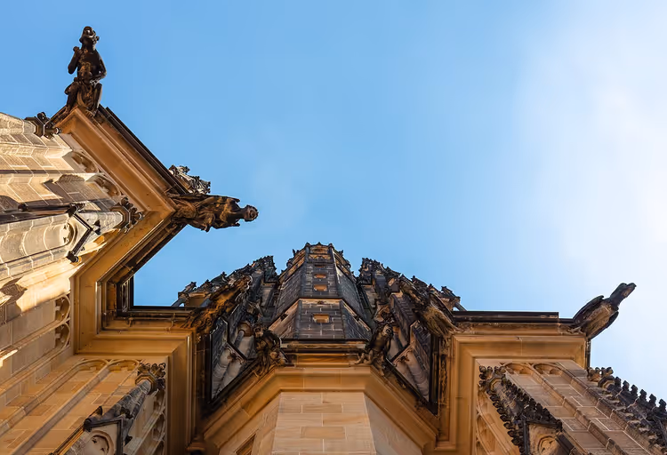 Gotisk katedral med gargoyler mot himmelen