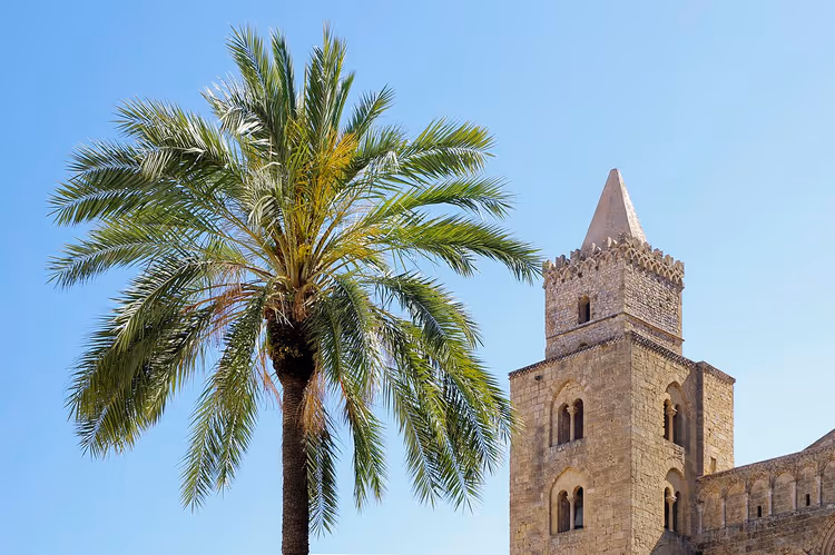 Kathedraaltorens van Cefalù en een palm tegen een blauwe lucht