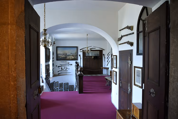 Kasteelzaal met een paars tapijt en een boog