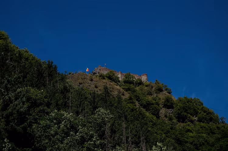 Ruinene av Poenari festning på en skogkledd ås
