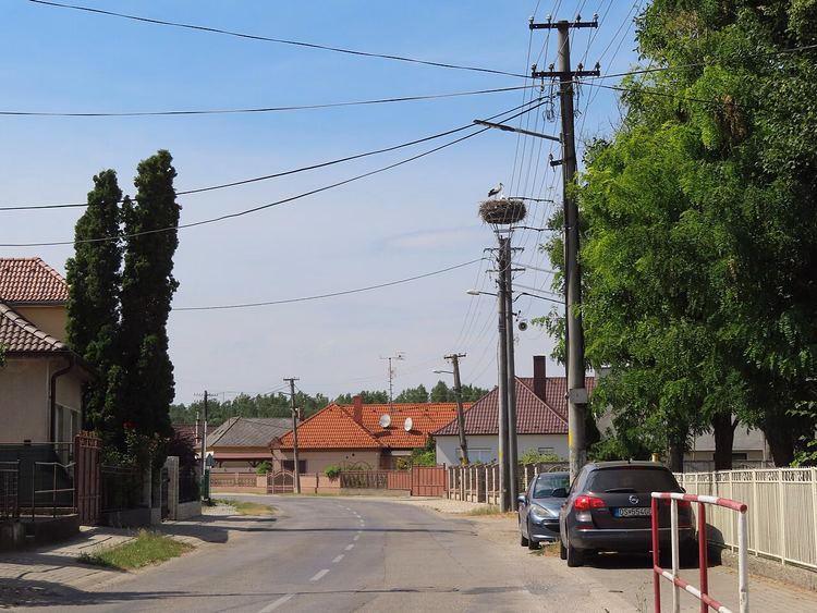 Straat in het dorp Mad met een ooievaarsnest