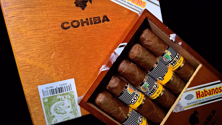 Открытая коробка кубинских сигар Cohiba Habanos