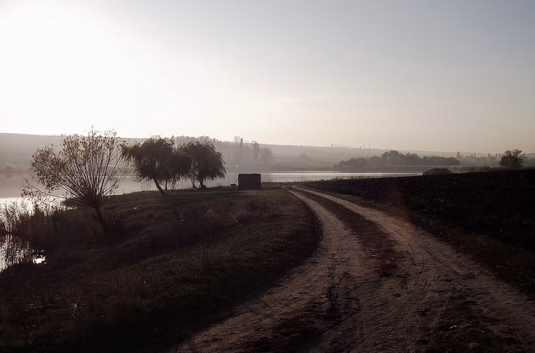 Ryshkovo yakınlarında göl kenarındaki toprak yol