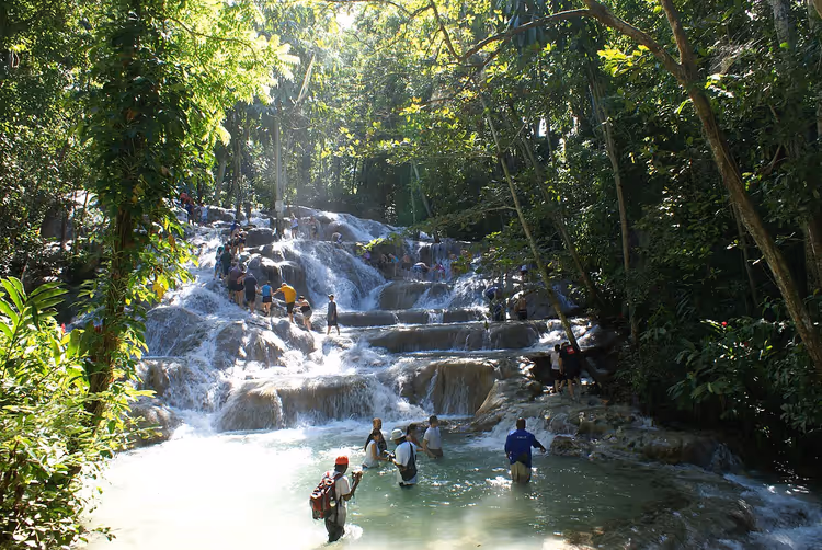 Dunn's River Şelaleleri'nin basamaklarını tırmanan insanlar