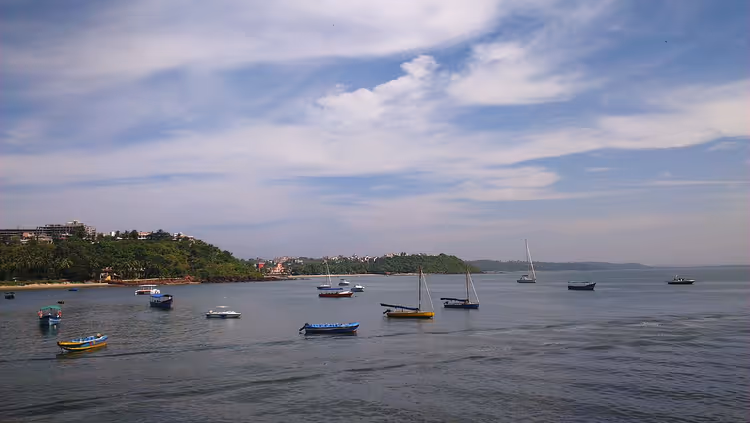 Vissersboten voor anker in Dona Paula Bay