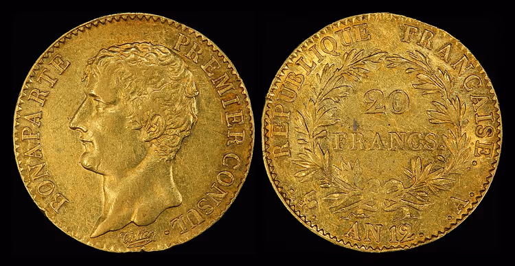 To sider av en gullmynt på 20 franc