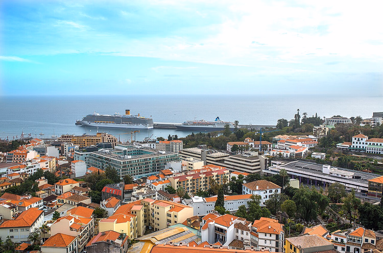 Panorama av Funchal med tegltak og cruiseskip i havnen
