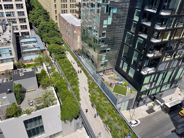 Grønn gangvei på High Line mellom New Yorks skyskrapere