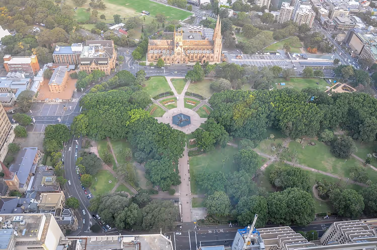 Hyde Park i Sydney fra fugleperspektiv