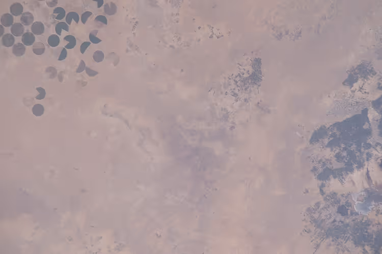 Space view of desert with circular irrigated fields
