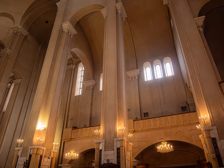 Interior of Tsminda Sameba Cathedral: columns, arches and choir lofts