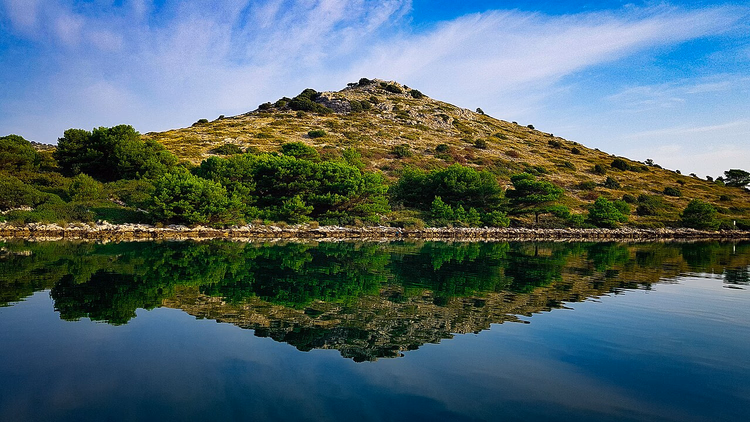 Felsige Kornaten-Insel mit Kiefern und Spiegelung