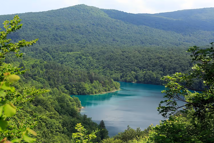 Lago turchese di Kozjak tra colline boscose
