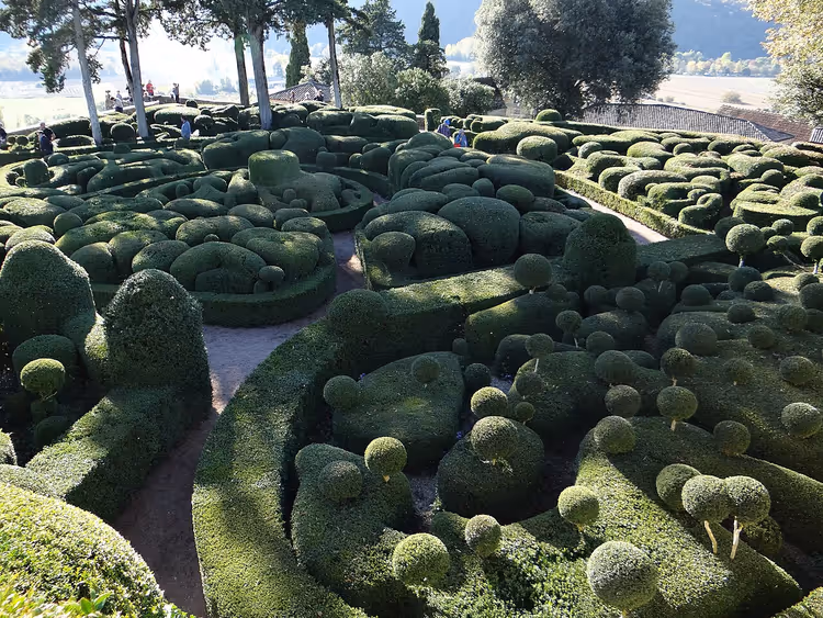 Marqueyssac bahçesinde şimşir topiaryler ve patikalar