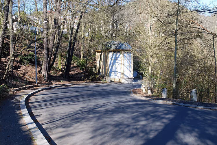 Wit Dorotka-bronpaviljoen langs een weg in het bos