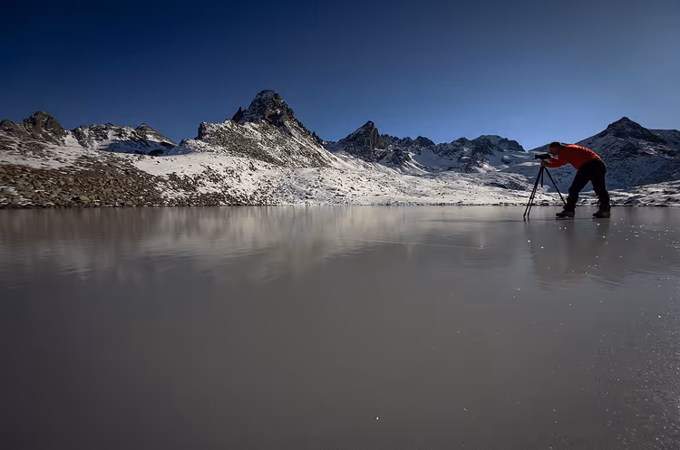 Snow-covered Kackar Mountains and frozen lake in winter