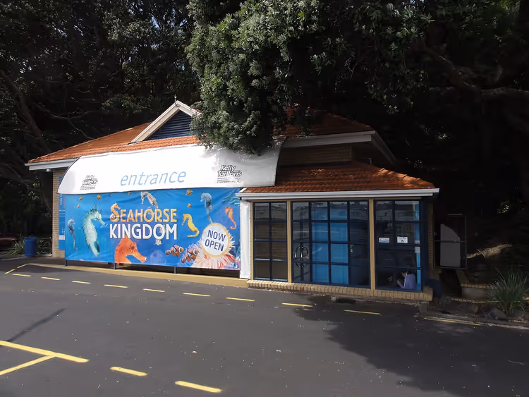 Вход в океанариум с баннером Seahorse Kingdom