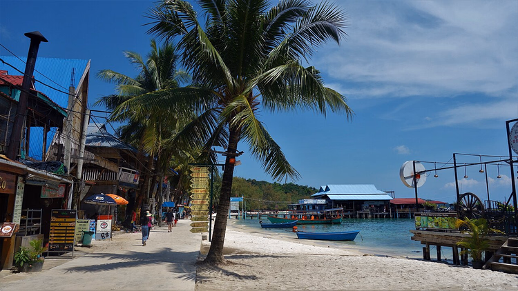 Koh Rong Plajı'nda palmiyeler ve tekneler