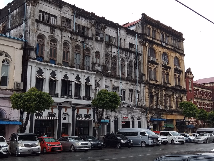 Colonial facades on Pansodan Street in Yangon